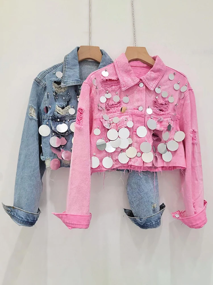 Женская джинсовая куртка DEAT короткая однобортная составного кроя с блестками и