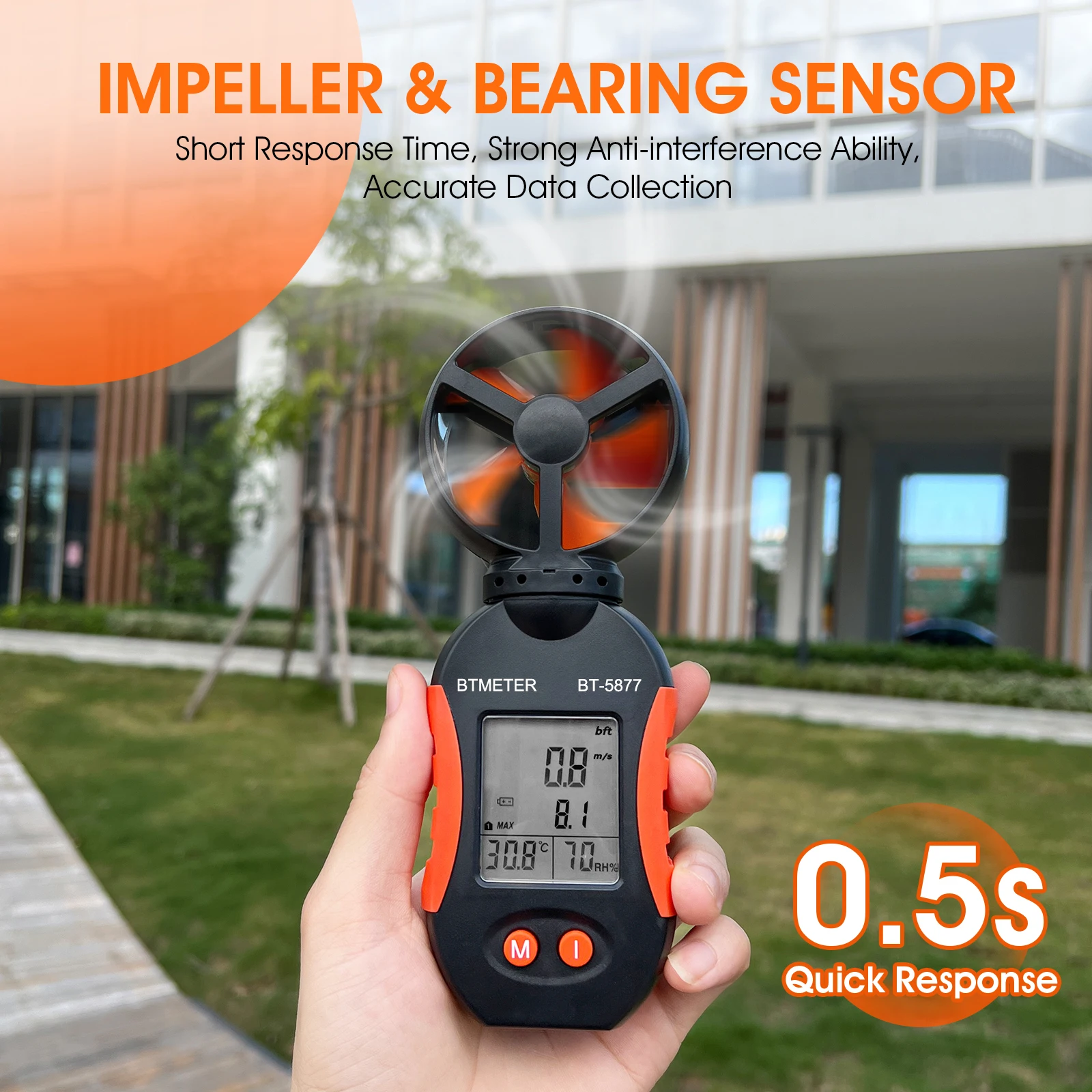 Фото Портативный цифровой анемометр BTMETER, BT-5877 оранжевая листва ветра, диапазон обнаружения скорости Mph 1 ~ 65, для метеорологического мониторинга №3