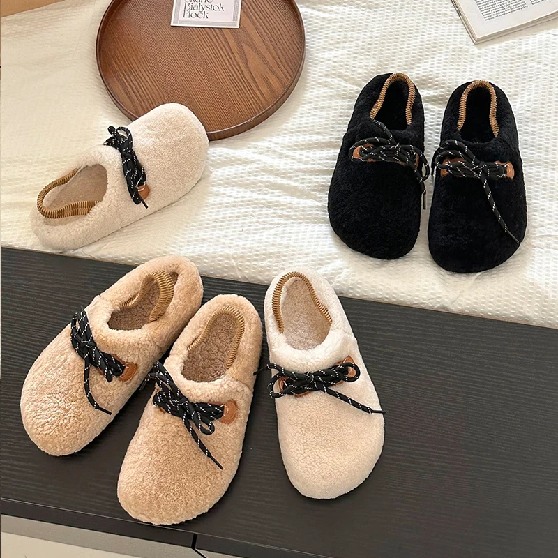 

Round Toe Shoes Woman Flats Soft Loafers Fur Casual Comfortable New Winter Lace-Up Shoes