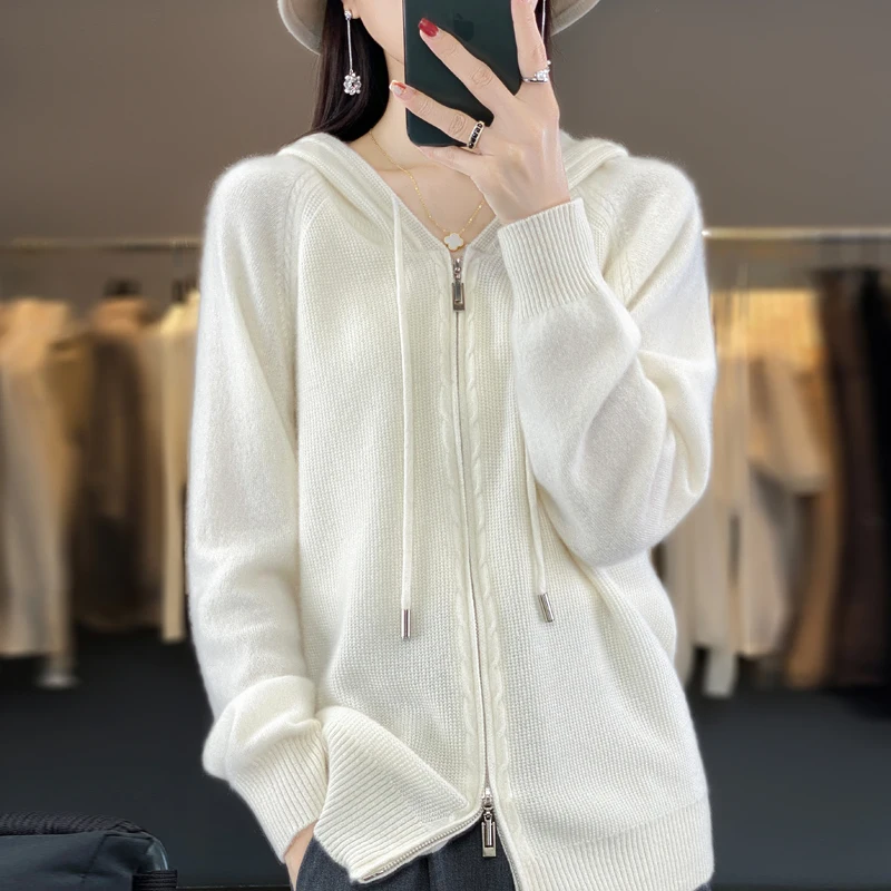 Новый шерстяной свитер-кардиган на осень и зиму женская рубашка с капюшоном