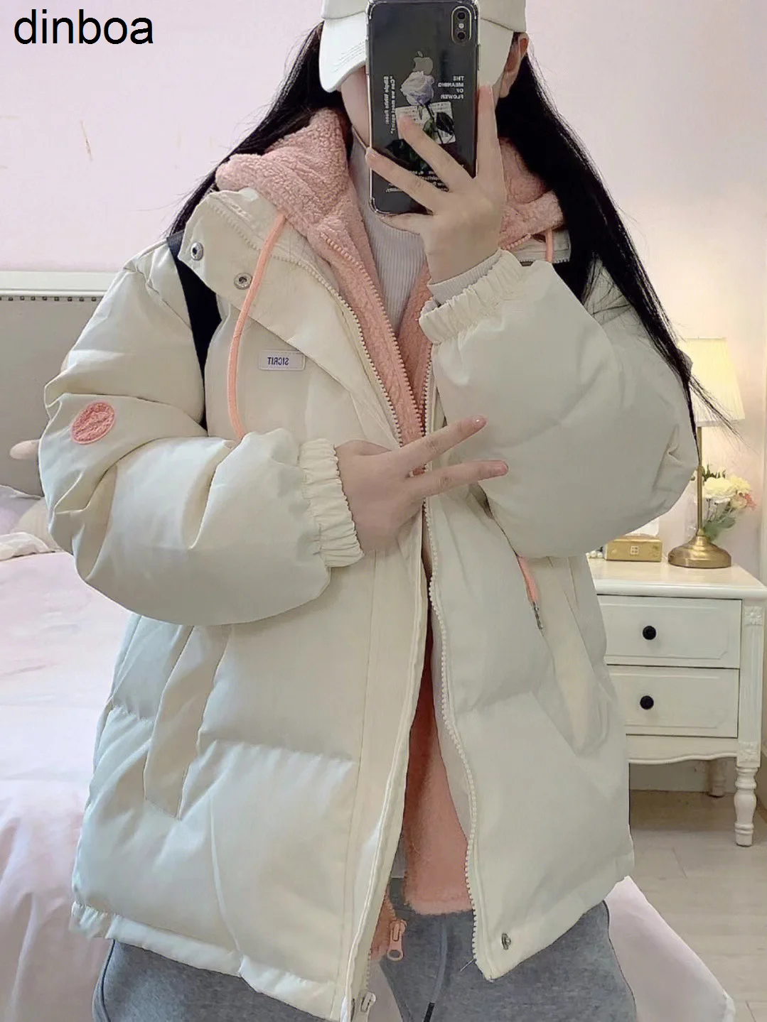 

Ladies Spliced Lamb Wool Thickened Cotton Suit Female Ins Winter Warm Student Casual Loose Hooded Bread Suit Y2k Coat Top Women
