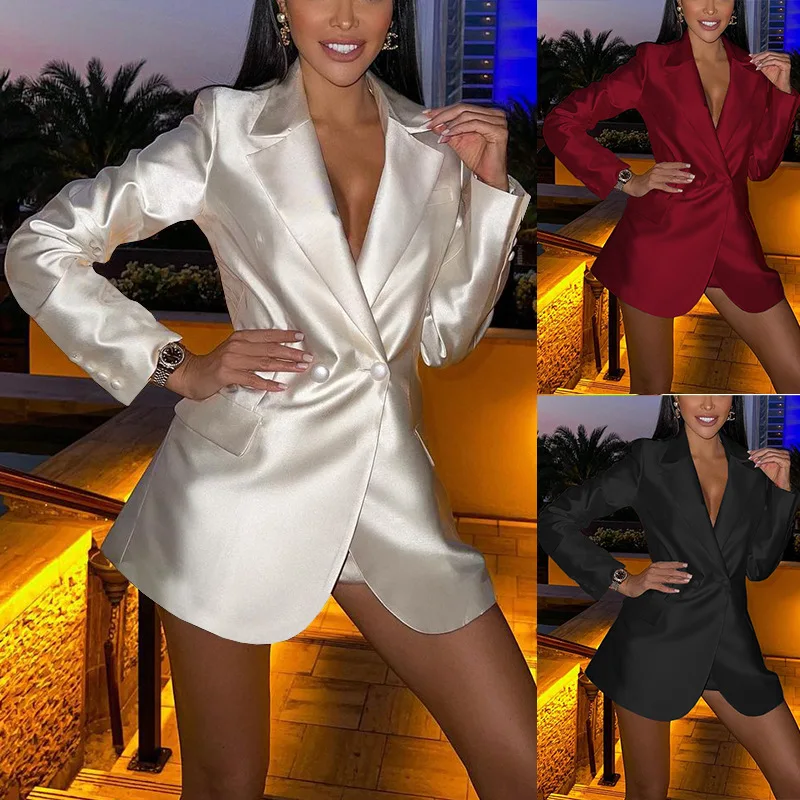 

Temperament Women's Clothing Early Spring New Fashion Design Sense Waist Slim Satin Women's Suit Solid Work Office Jacket Blazer