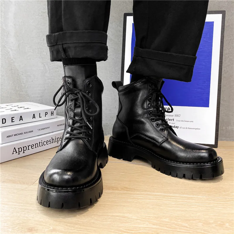 

Boots men's 2022 spring and autumn new black Martin boots men's British style high-top trendy shoes side zipper tooling boots