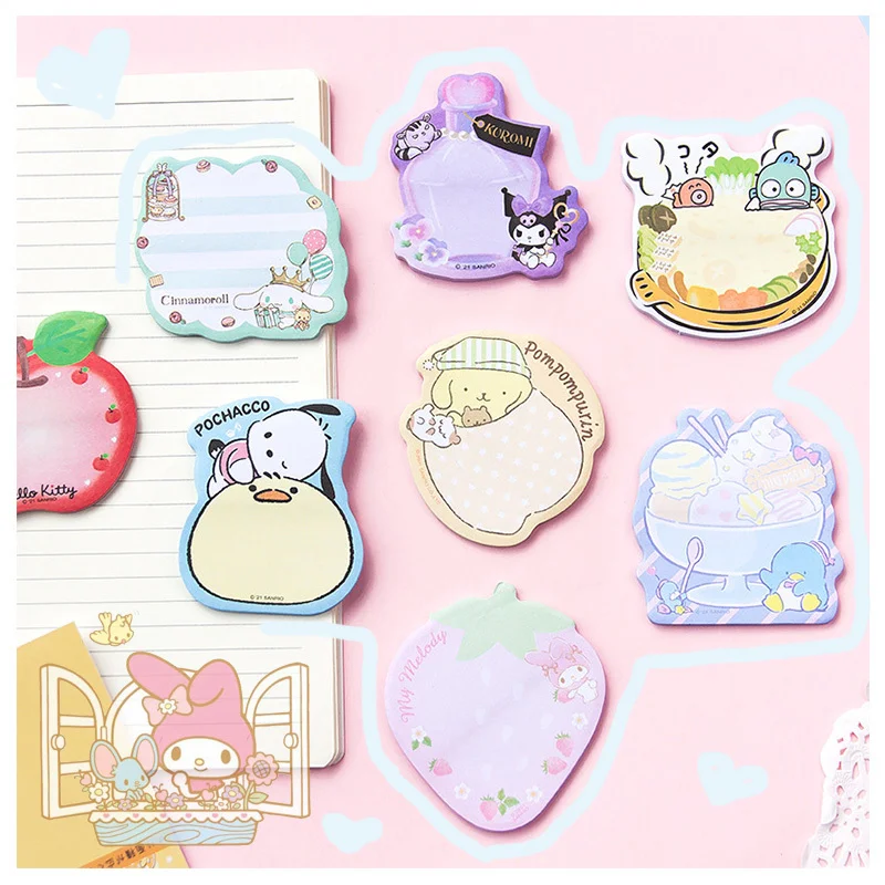 New Sanrioed Cartoon Sticky Note Memo Pad My Melody Cinnamoroll Kuromi Purin Dog Anime Pasteable Note Paper 30 Pages Cute Gift