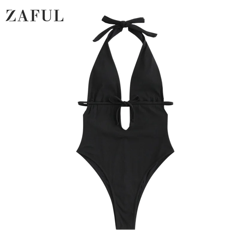 Слитный купальник в рубчик спереди с лямкой на шее |