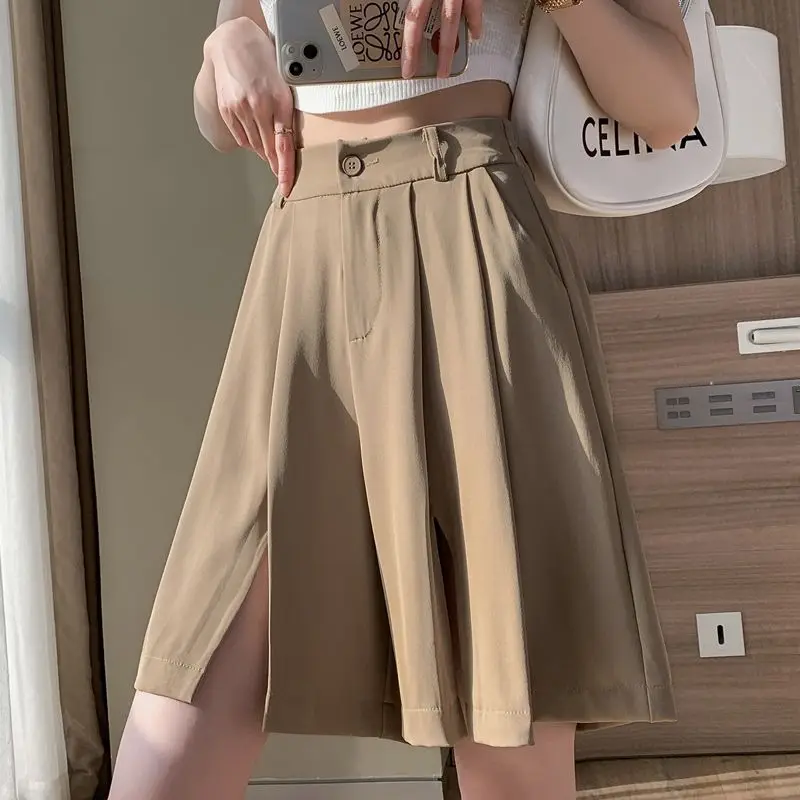 High Quality Shorts Women Wide Leg Casual Side Slit Baggy High Waist Solid All-Match Summer Design Trousers Aesthetic Fashion