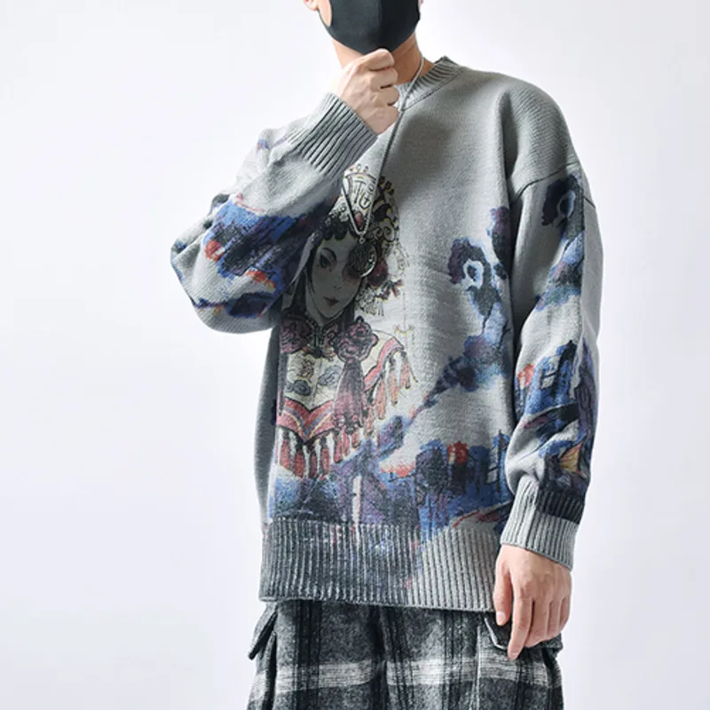 

2023 Hip Hop Sweater Men Autumn Couple Knitted Jumper Anime Beijing Opera Printed Vintage Pullovers Harajuku Grey Sweater