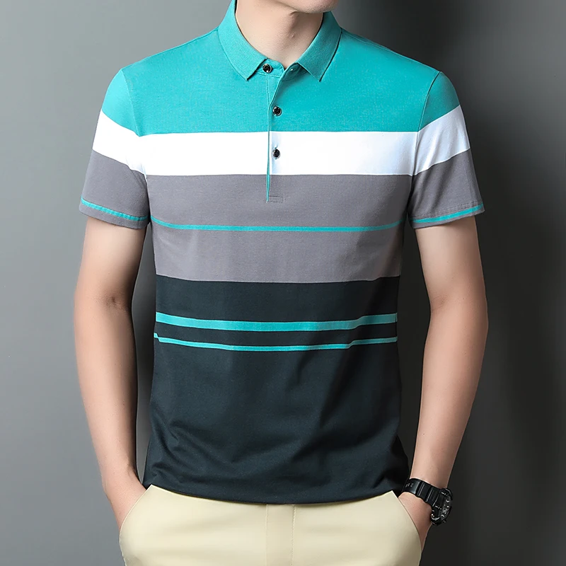 Embroidered logo Summer men's striped polo shirt New cotton short sleeved T-shirt Men's casual business top Golf