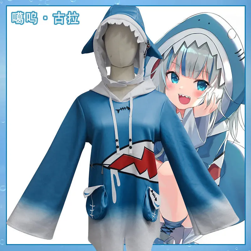 Фото Gawr Gura Shark Косплей Костюм Hololive Vtubers Капюшон для девочек Дети Holo Gauru Shark Tail Заколка для волос Парик Cos Полный комплект №1