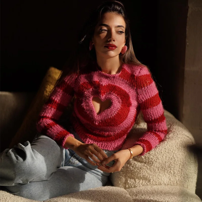 

Spring Harajuku Fashion Kawaii Sweater Gothic Punk Women Sweaters Pullover Round Neck Long Sleeves Slim Fit Heart Hollow