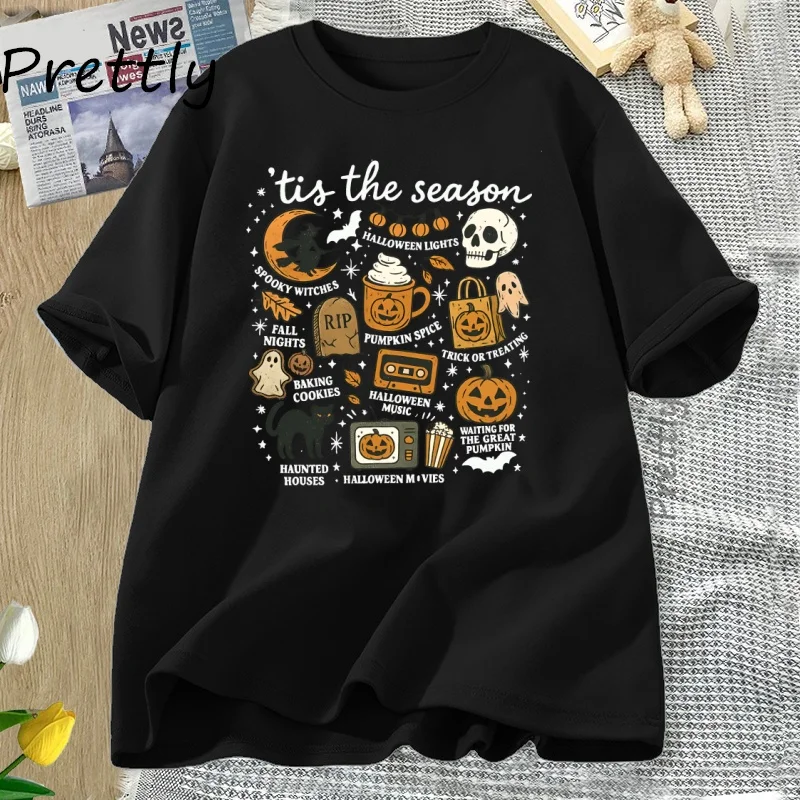 Фото Винтажная футболка на Хэллоуин Tis' The Season, футболки в стиле ретро, эстетичная одежда, футболка с рисунком тыквы и ведьмы, женская одежда с коротким рукавом №3