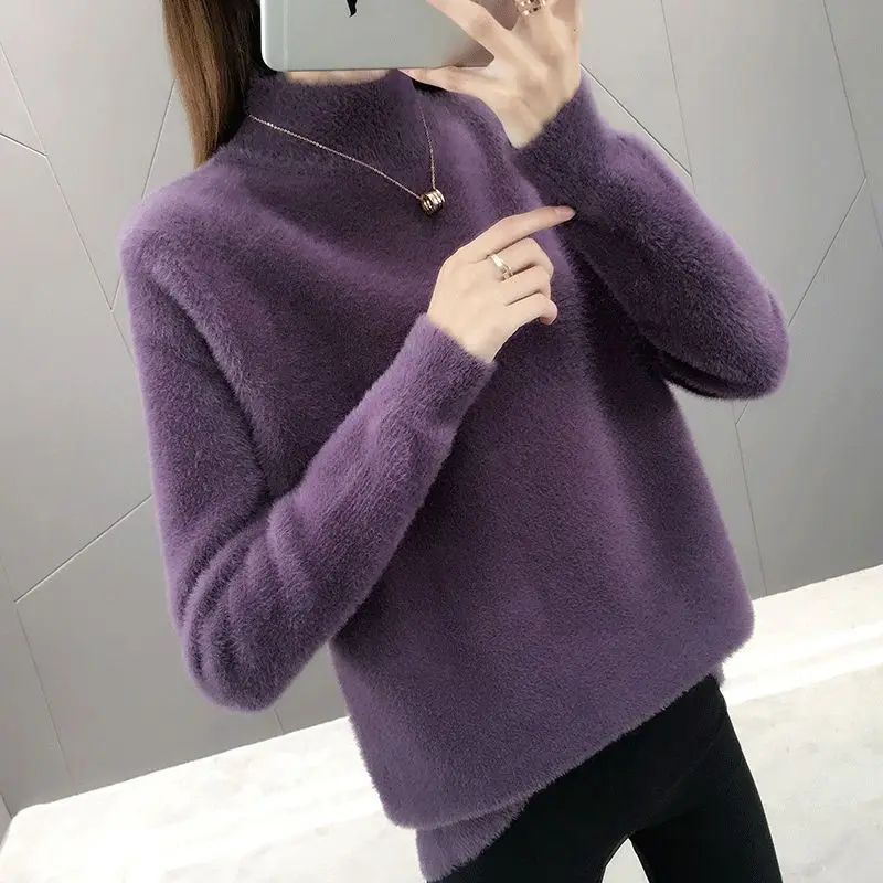 

203 Women Autumn Winter New Mink Cashmere Sweater Tops Female Loose Pullover Tops Ladies Half High Collar Knitted Tops E460