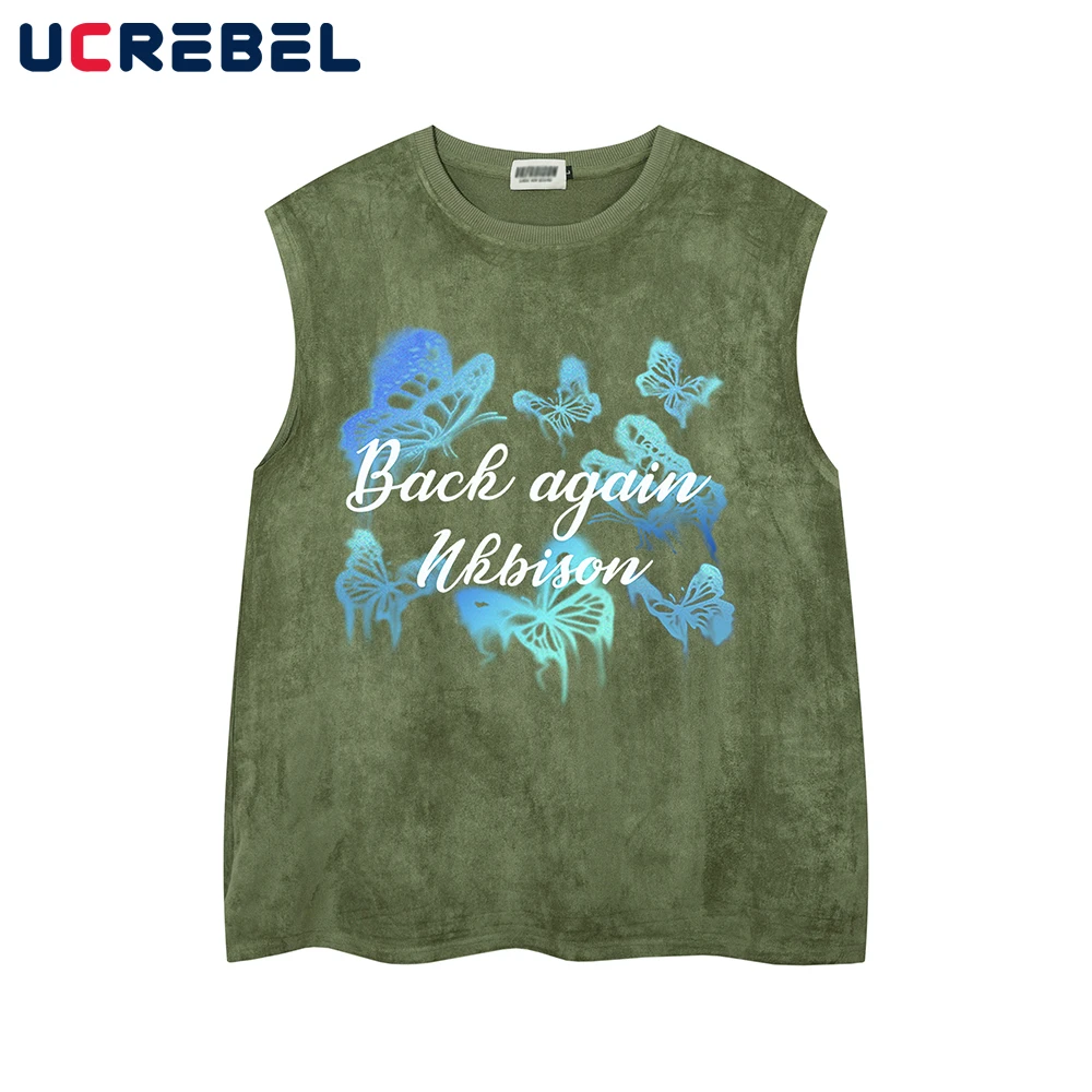 

Butterfly Print Sleeveless Loose Tank Top Mens Summer Crew Neck High Street Letter Suede Tops Men