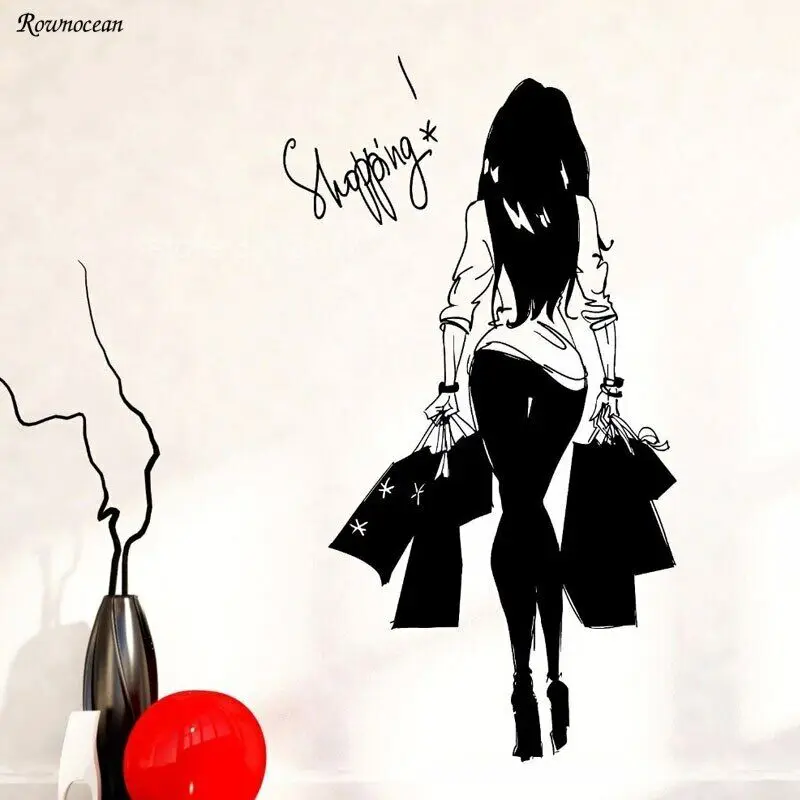 Модная виниловая сумка для покупок для молодых женщин, Виниловая наклейка на стену, магазин одежды, сексуальный магазин одежды, украшение для спальни для девочек FS04