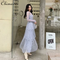 2021 new winter clothes fashion silver mesh sequins embroidered bow dress women round neck long sleeve cake sexy maxi dresses