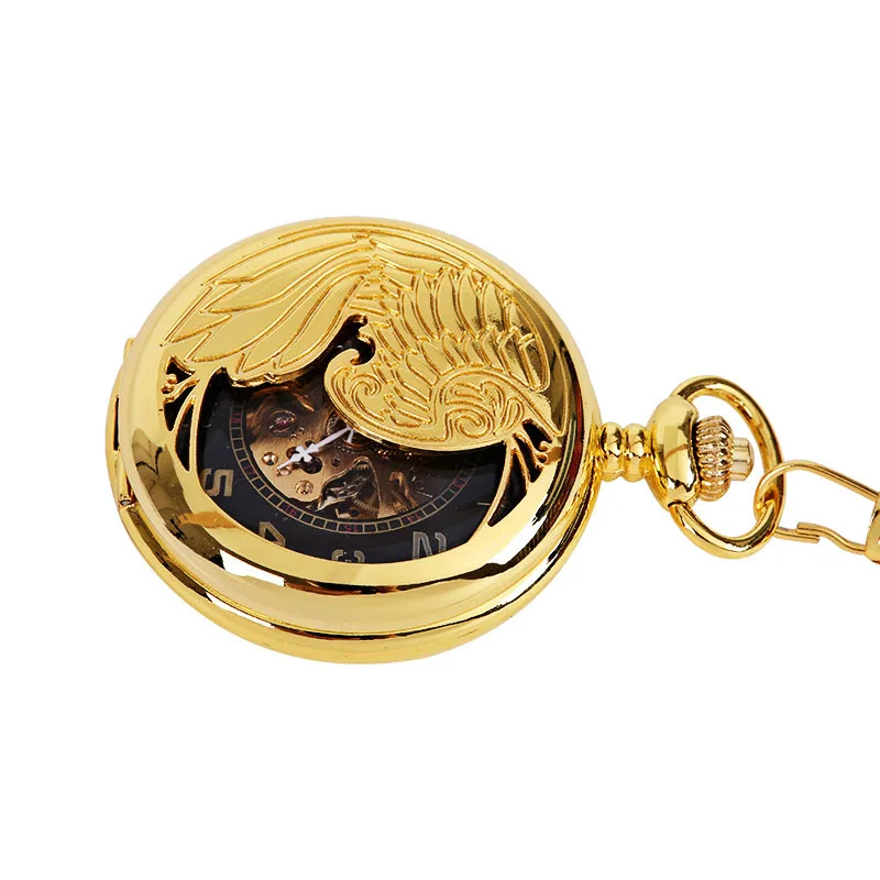 Luxury Gold Eagle Mechanical Pocket Watch for Men Women Hollow Skeleton Bird Case Roman Numeral Dial Man Fob Chain Pendant Clock