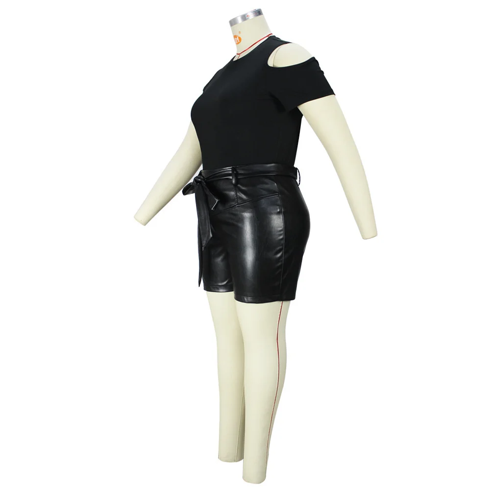 Plus Size Pu Shorts Sets Two Piece Outfits Women Bodycon Tshirt Pants Fashion Streetwear Matching Whol 3xl 4xl 5xl 6xl
