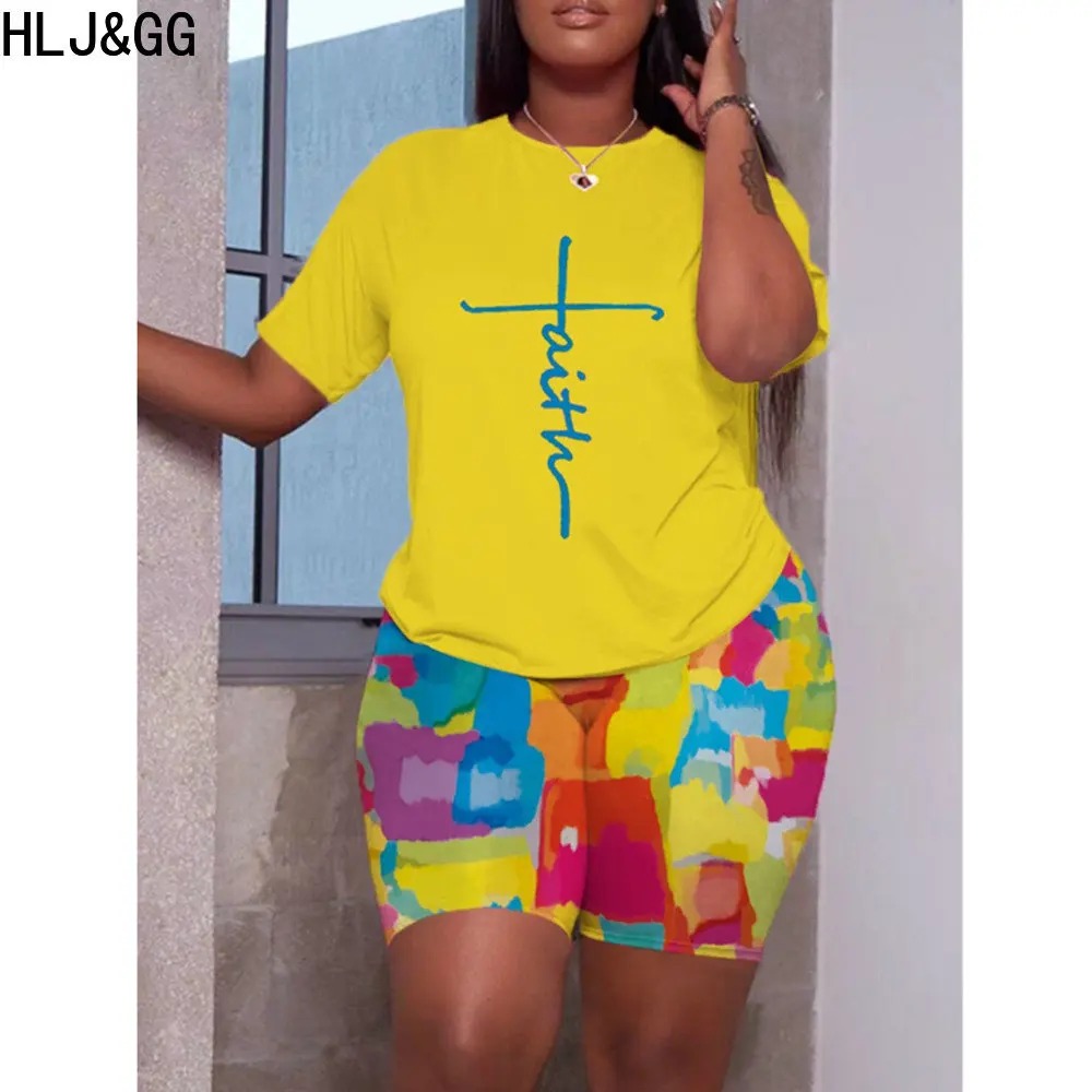 

HLJ&GG Summer Printing Shorts Two Piece Sets Women Round Neck Short Sleeve Top And Biker Shorts Tracksuits Casual 2pcs Outfits