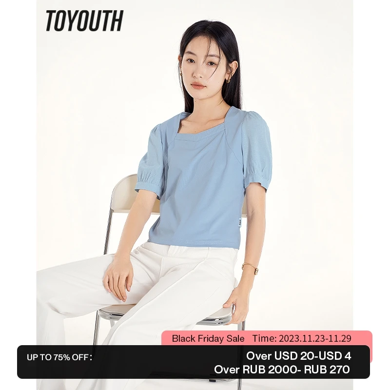 

Toyouth Women T-shirt 2023 Summer Puff Sleeve Square Neck Slim Fit Tees Sorona Cool Fabric Simple Basic Casual White Blue Tops