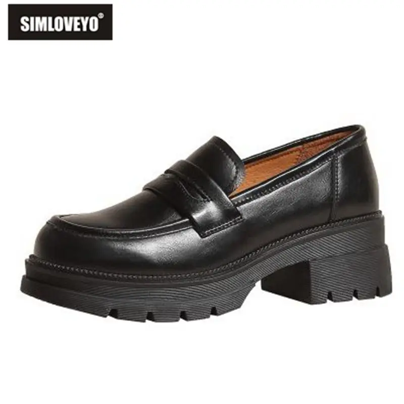 

Full Grain Genuine Leather Loafers REAVE CAT Women Pumps Platform Round Toe Block Heels Slip On Retro Solid Black Leisure S3794