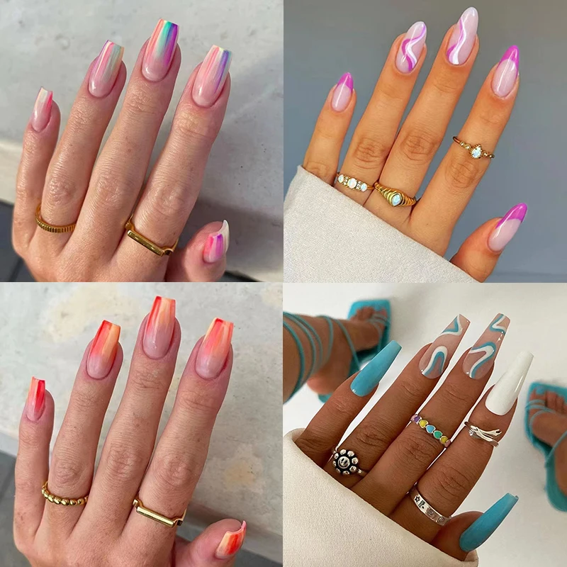 

Накладные ногти 24 шт./коркор. цветные линии искусственные накладные ногти с клеем полное покрытие накладные ногти нажимной инструмент для м...