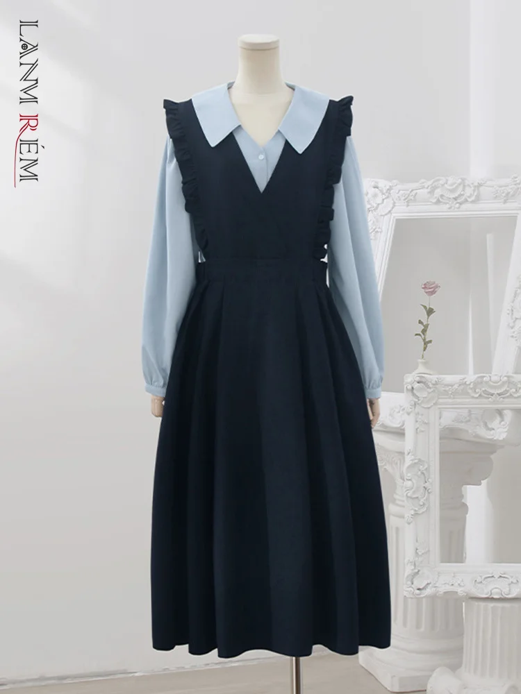 

LANMREM Korean 2 Pieces Set Women's Lapel Single Breasted Long Sleeves Shirt Fashion High Waist A-line Dress 2023 New 32D844