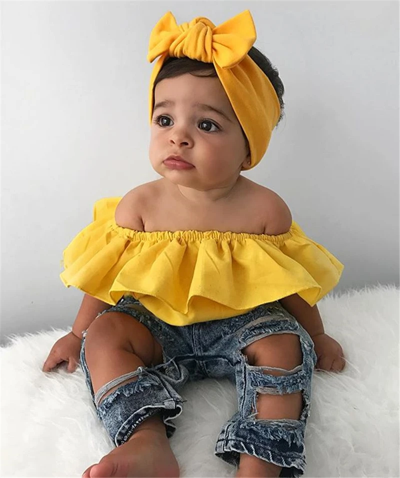 

Hole Baby Girl Set Kids Baby Girls Fashion Clothes Tops Hole Jeans Pants Headband Outfits