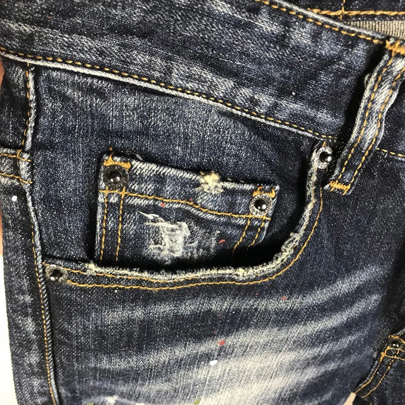 Street Fashion Men Jeans High Quality Vintage Blue Elastic Stretch Slim Fit Ripped Jeans Men Painted Designer Brand Pants Hombre