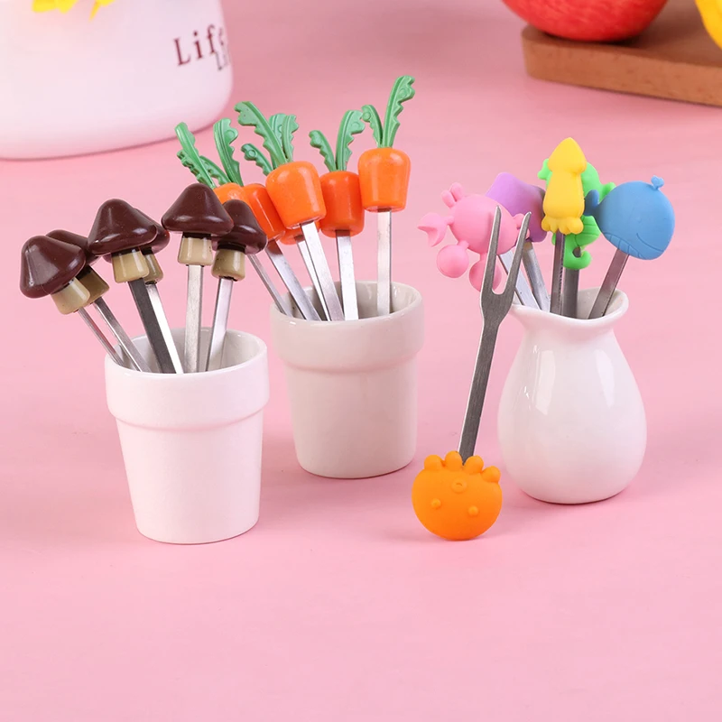 

1Set Stainless Steel Fruit Fork Carrot Mushroom Sea Organism Fork Storage Jar Cute Dessert Party Fork Set Lunch Decoration