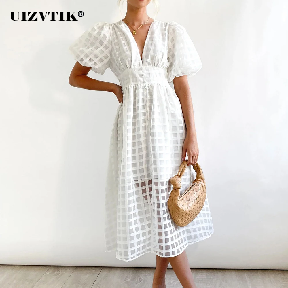 

Женское платье в клетку, с V-образным вырезом и пышными рукавами