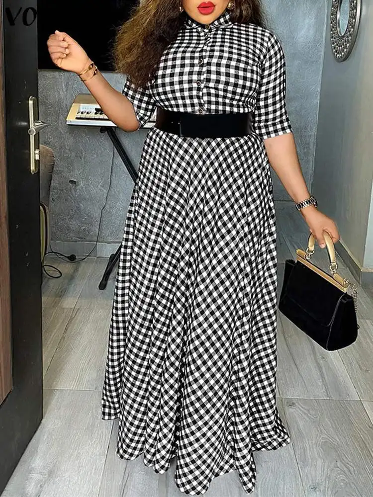 

Casual Plaid Dress 2022 VONDA Women Vintage Short Sleeve Lapel Neck Party Maxi Long Dress Loose Summer Sundress Robe Femme