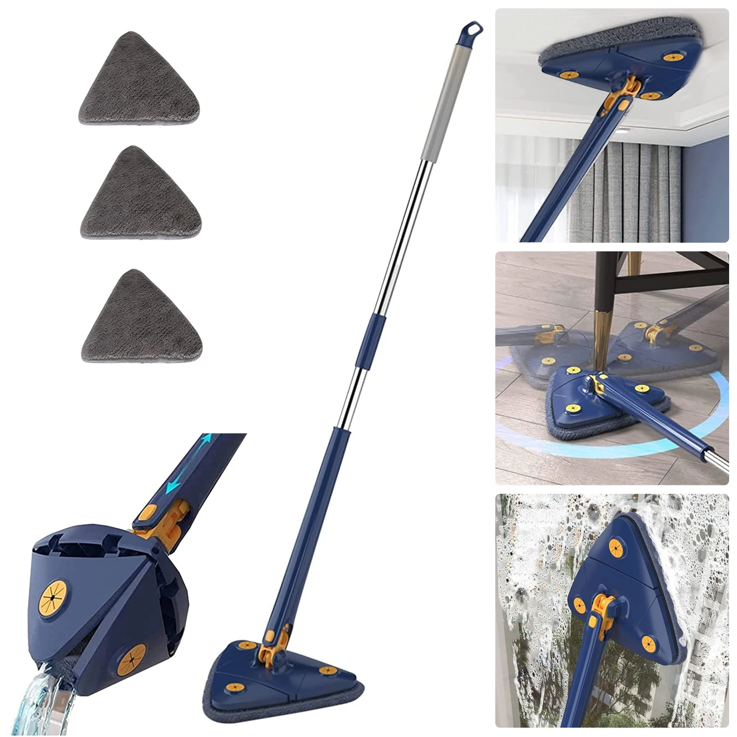 

360° Rotatable Squeeze Cleaning Mop Adjustable Extendable Triangle Mops for Floor Ceiling Windows Glass Toilet Bathroom Broom