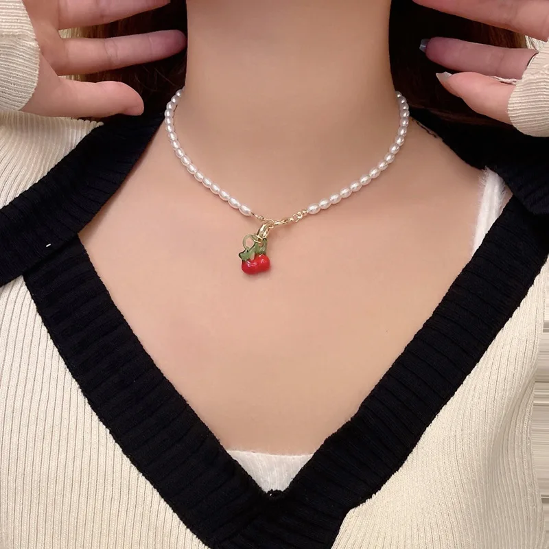 

New Summer Cherry Pendant Choker Sweet Pearls Temperament Necklace for Women