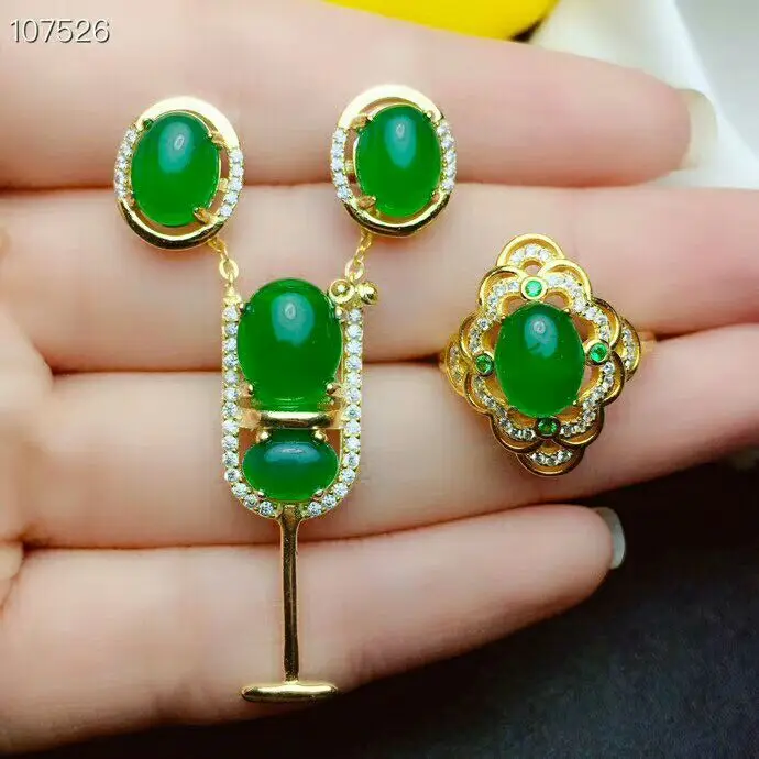 

MeiBaPJ Natural Chalcedony Gemstone Earrings Ring Necklace for Women Real 925 Sterling Silver Green Stone Wedding Jewelry Set