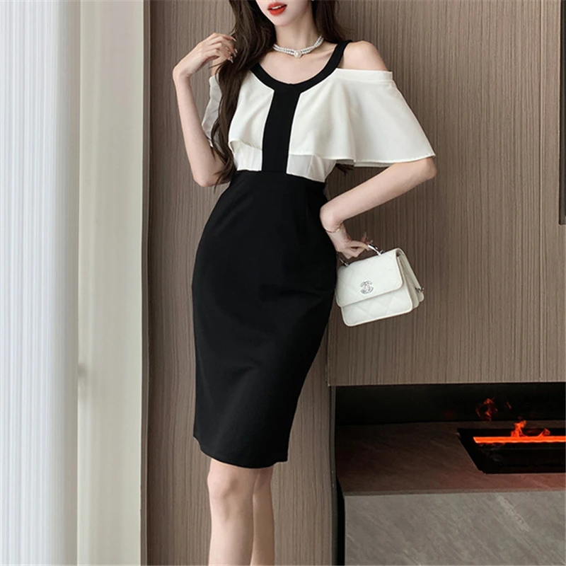 

New Vintage Elegant Fashion Midi Dress for Women 2023 Solid Spliced Off Shoulder Chic Office Lady Party Prom Slim Dresses