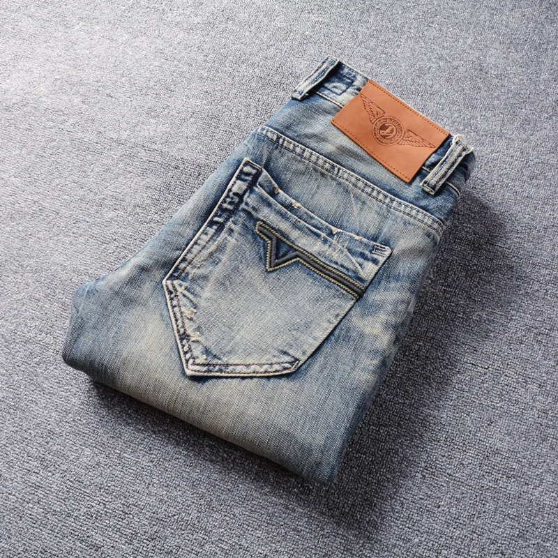 Fashion Designer Men Jeans Retro Washed Blue Slim Fit Ripped Jeans Men Embroidery Patched Trousers Vintage Denim Pants Hombre