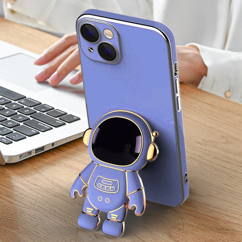 Astronaut Fold Stand Holder Phone Case for IPhone 14 11 12 13 Pro Max Mini XS XR X 7 8 Plus SE 2020 Luxury Plating Soft Cover