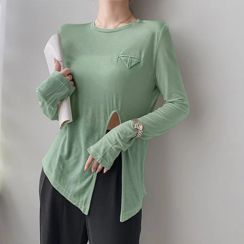 

New Fashion Summer Sunscreen Tshirt Ladies Chic Irregular Slit Tops Women Casual O-neck Long Sleeve Slim T-shirts Streetwear Pop