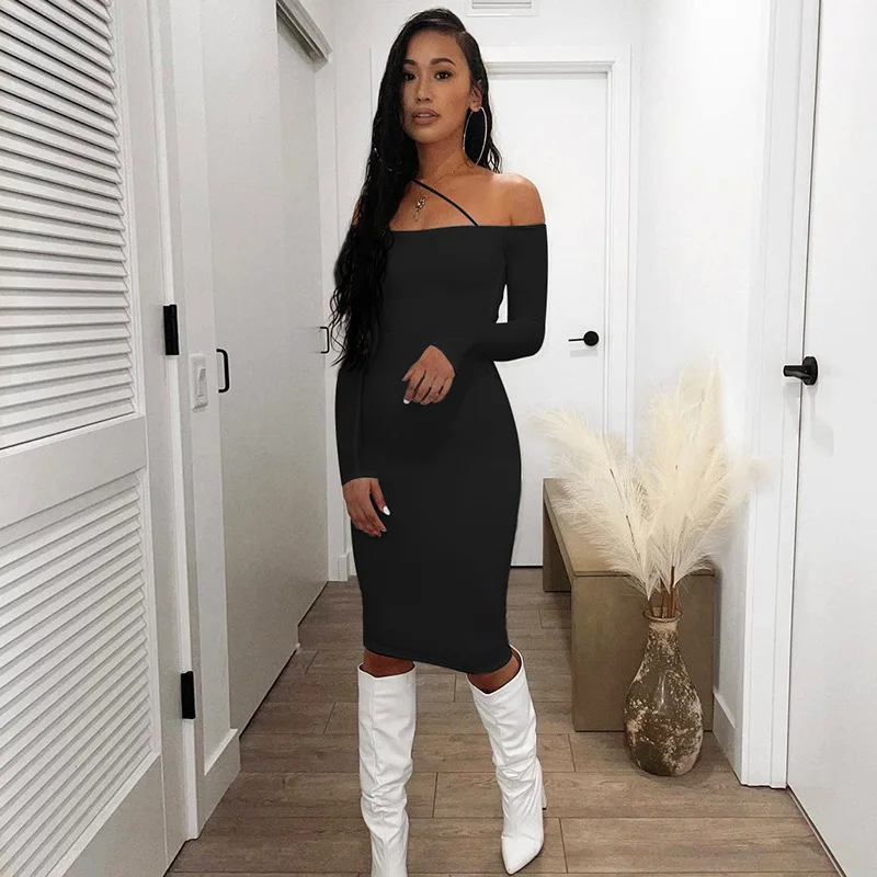 Fashion Women's Autumn New Style One-shoulder Strap Long-sleeved Collar Long-sleeved Slim Sexy Dress With Dresses