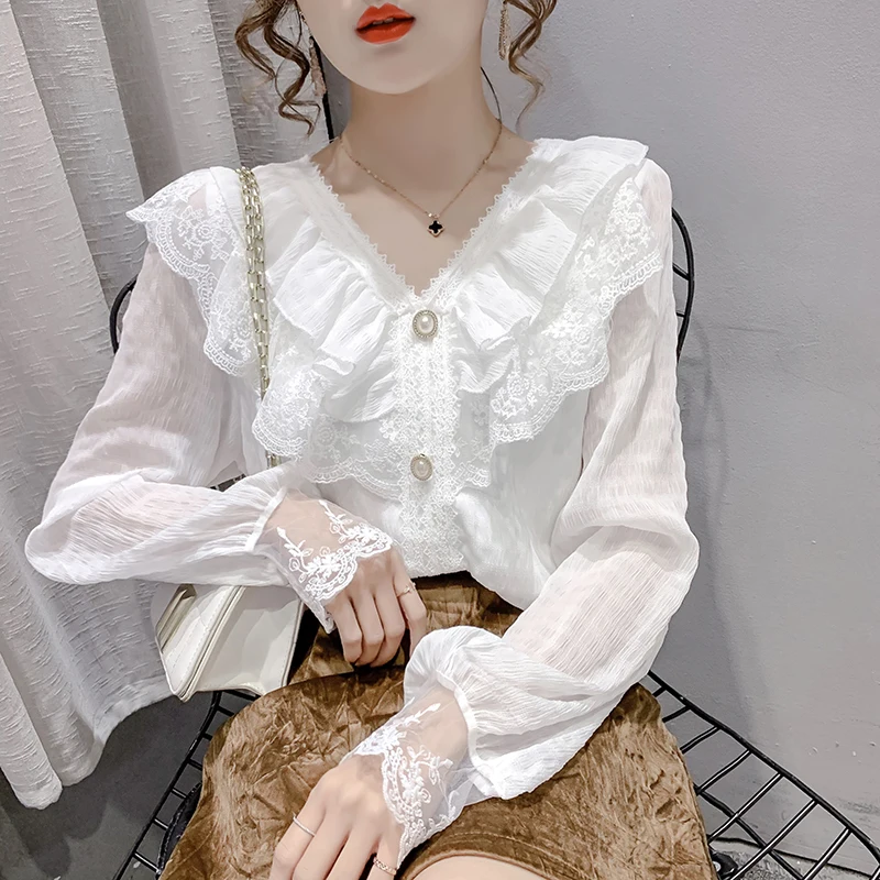 

Elegant Ruffle Stitching Blouse Casual Lace Vintage Chiffon Shirt New Fashion V-neck White Women's Long Sleeve Top Blusas V2614