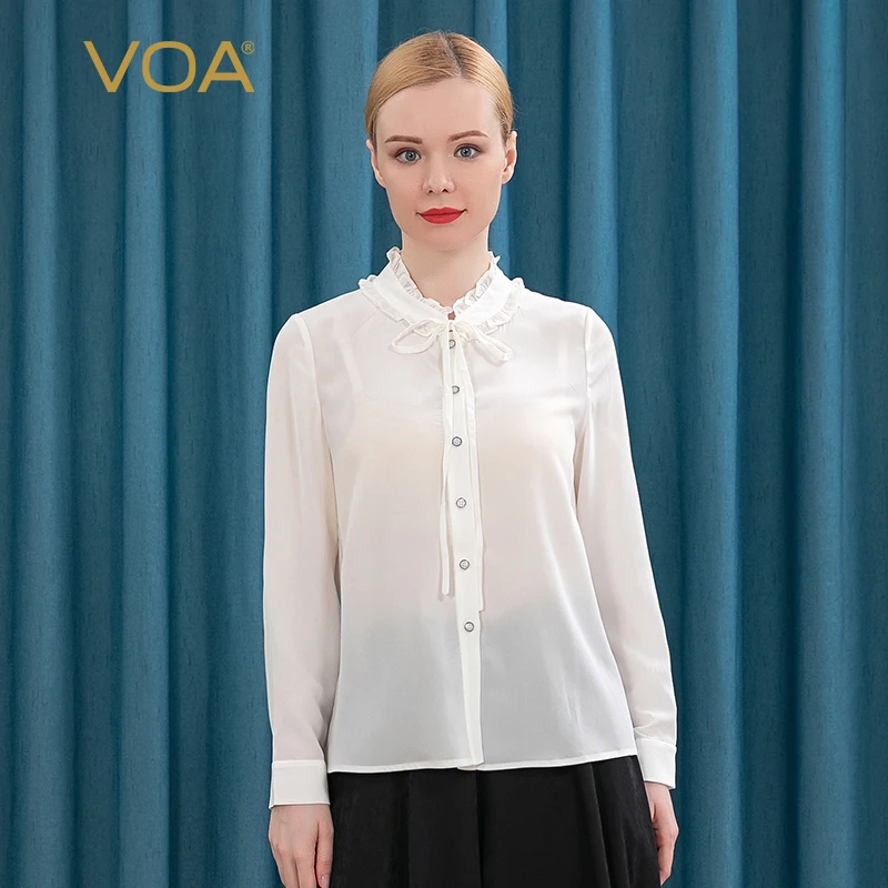 

(Clearance Sale) VOA Silk Crepe De Chine Half High Neck Tops Tie Georgette Ears Single-breasted Straight Long Sleeve Shirt B8551