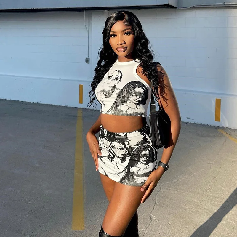 

Y2K Women 2 Pieces Outfits Gothic Graphic Print Sleeveless O-Neck Exposed Navel Short Tank Tops High Waist Skirts 2022 Clubwear