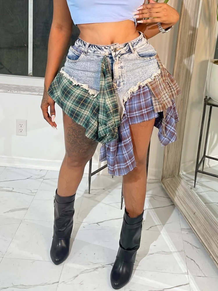 

Клетчатое джинсовое мини-платье WeiYao в стиле пэчворк, женская летняя юбка с высокой талией, пуговицами и асимметричным подолом, женская уличная одежда y2k