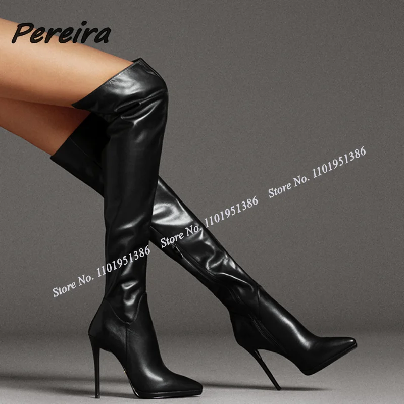 Pereira Black Side Zipper Pointed Platform Boots Over the Knee New Style Stiletto Shoes for Women High Heels Zapatillas Mujer