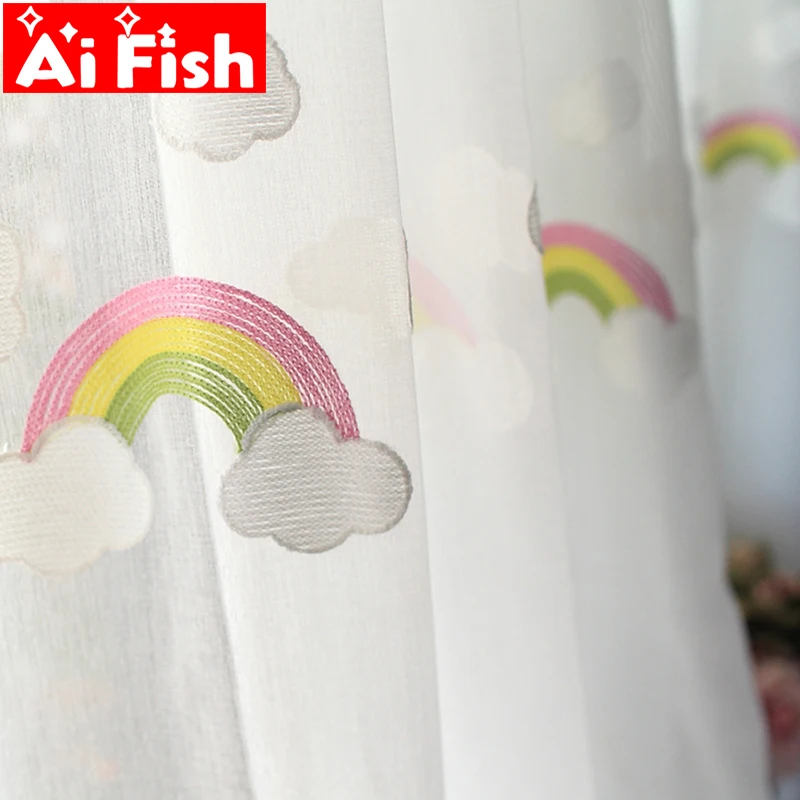 

Korean Embroidered White Cloud and Rainbow Sheer Window Bedroom Curtains Cotton Flax Panels Tulle Voile for Living room #5