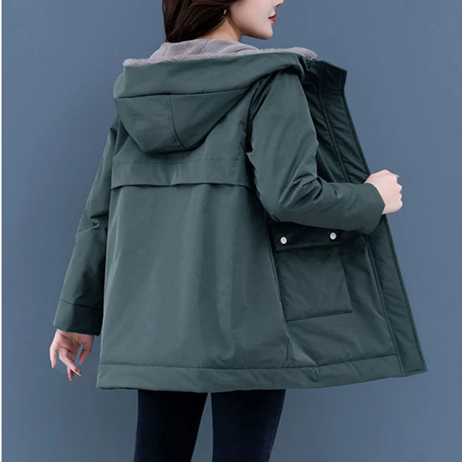 Thicken Fleece Lining Winter Hooded Parkas Mid-length Coat Warm Women Snow Jacket Overcoat Plush Lined Windbreaker Outwear 2022