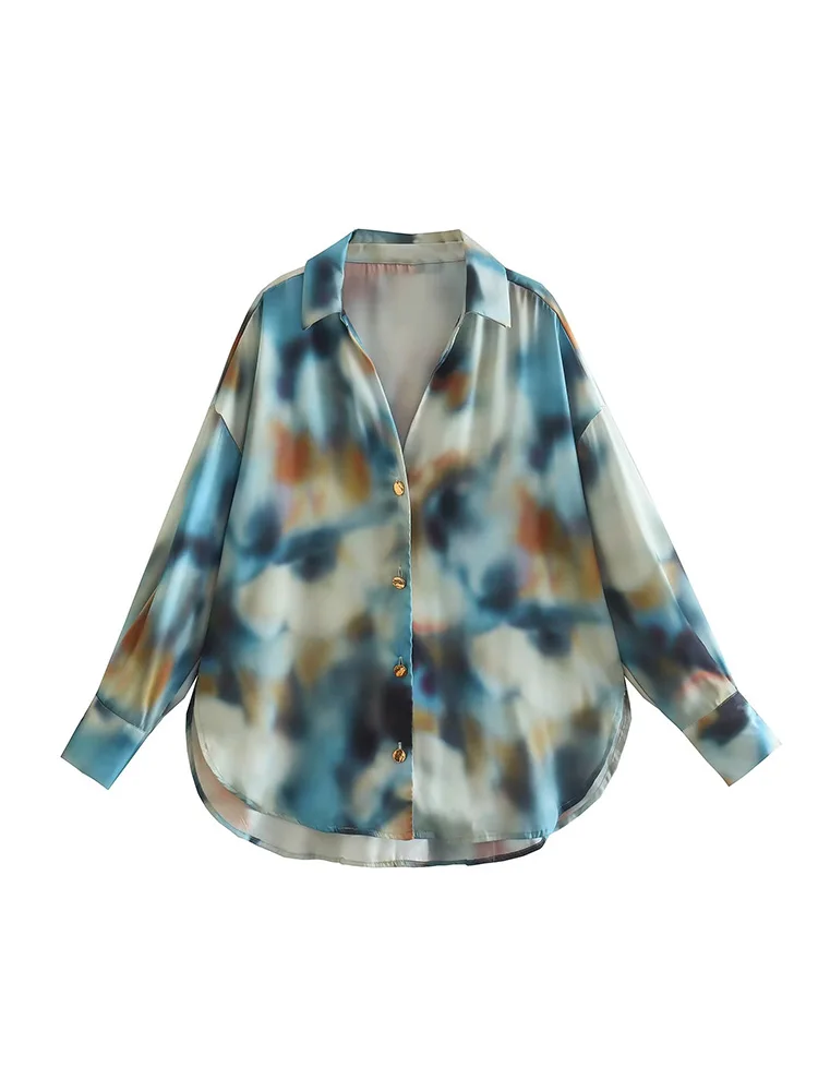 

PB&ZA2023 early spring new women's fashion lapel chic buttons decorated tie-dye print loose shirt 8319191