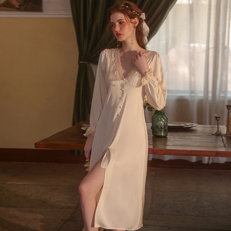 Lingerie Nightdress Solid Color Long Pajamas Comfortable Sweet Lace Long Sleeve Women Homewear Underwear Casual V-Neck Nightgown