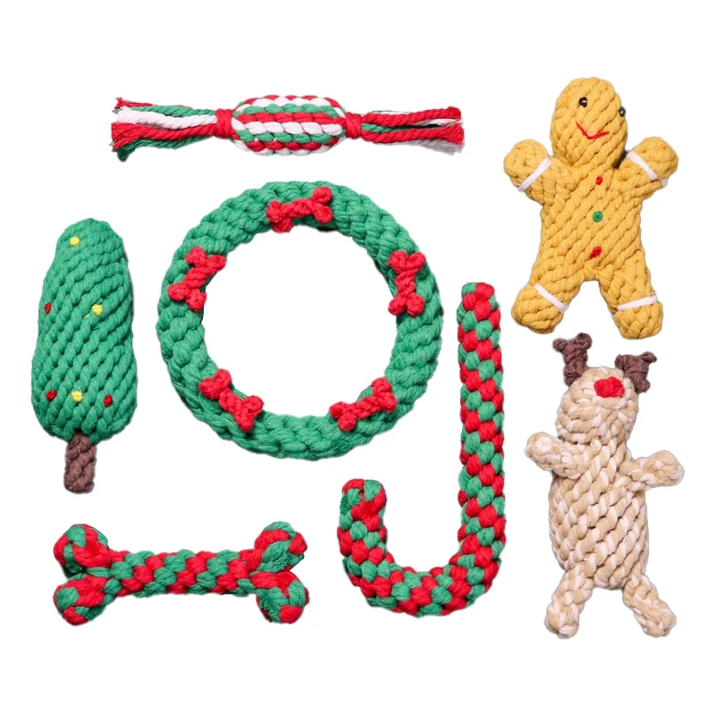 

7 PCS Christmas Set Pet Cotton Rope Toys Teeth Cleaning Dog Rope Toys Christmas Chewing Training Toys