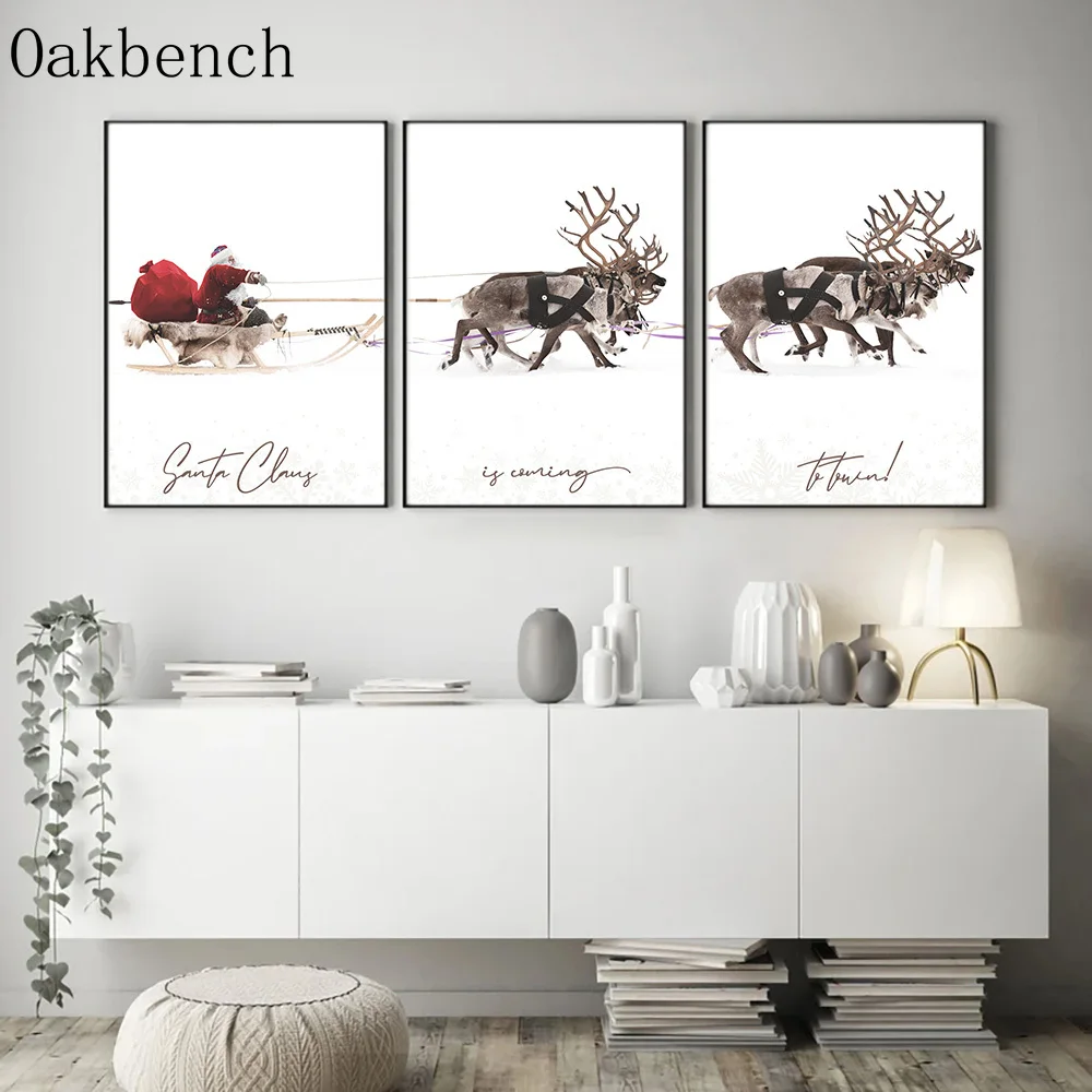 

Snow Wall Paintings Reindeer Print Pictures Santa Claus Sled Canvas Poster Christmas Art Prints Nordic Posters Living Room Decor